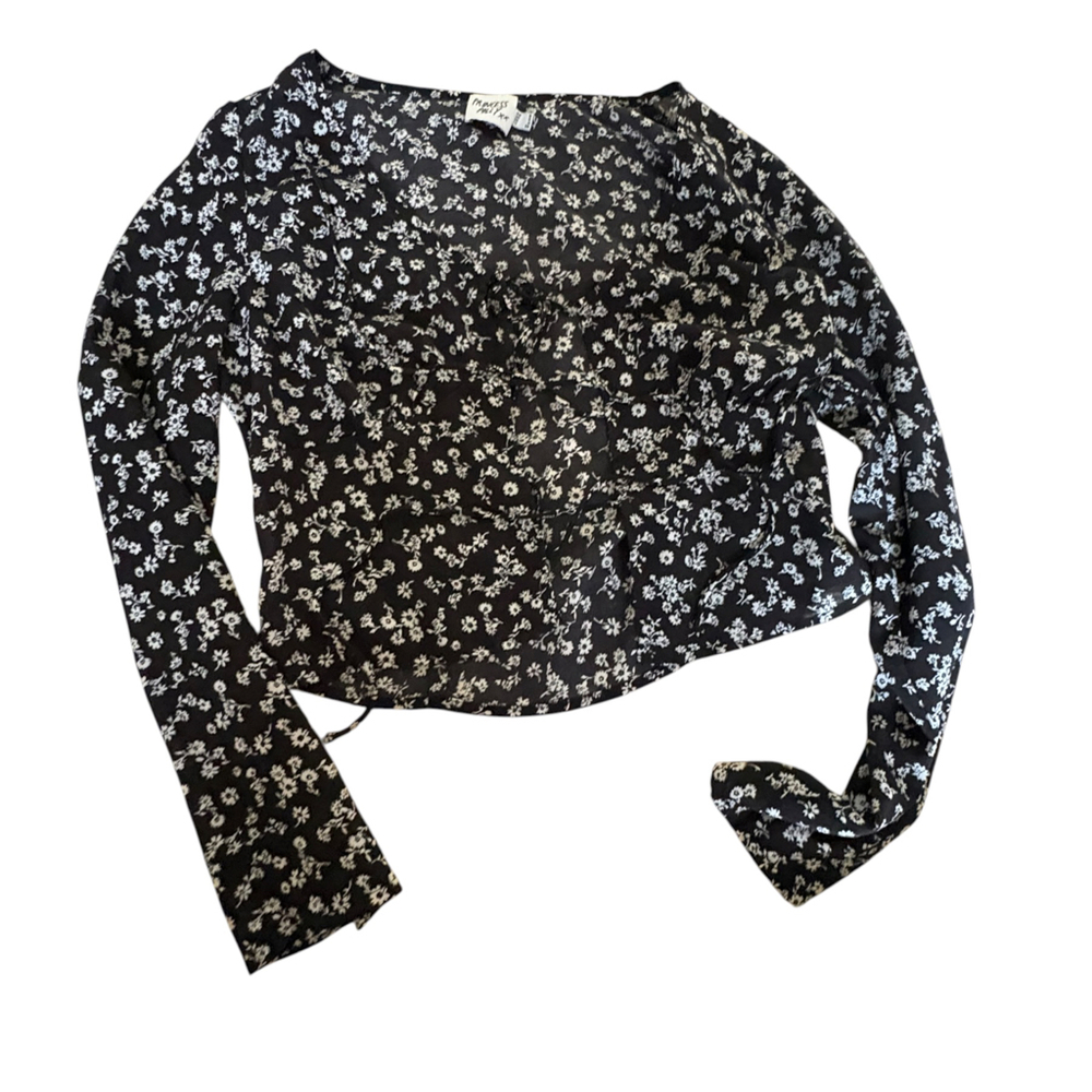 Princess Polly Black White Ditsy Floral Open Front Three Tie Top US 4